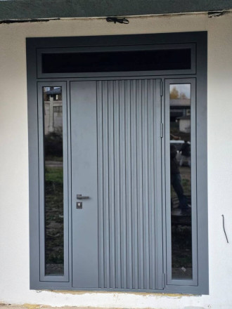 Реализованный проект входной группы ТР-121 с металлическими рейками на полотне — портфолио