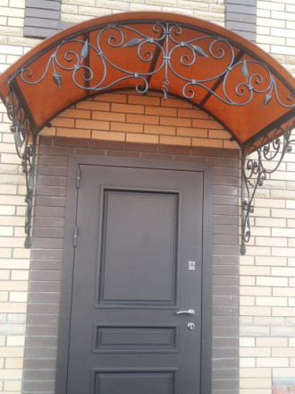Дверь с металлофиленками и кованым козырьком – фото