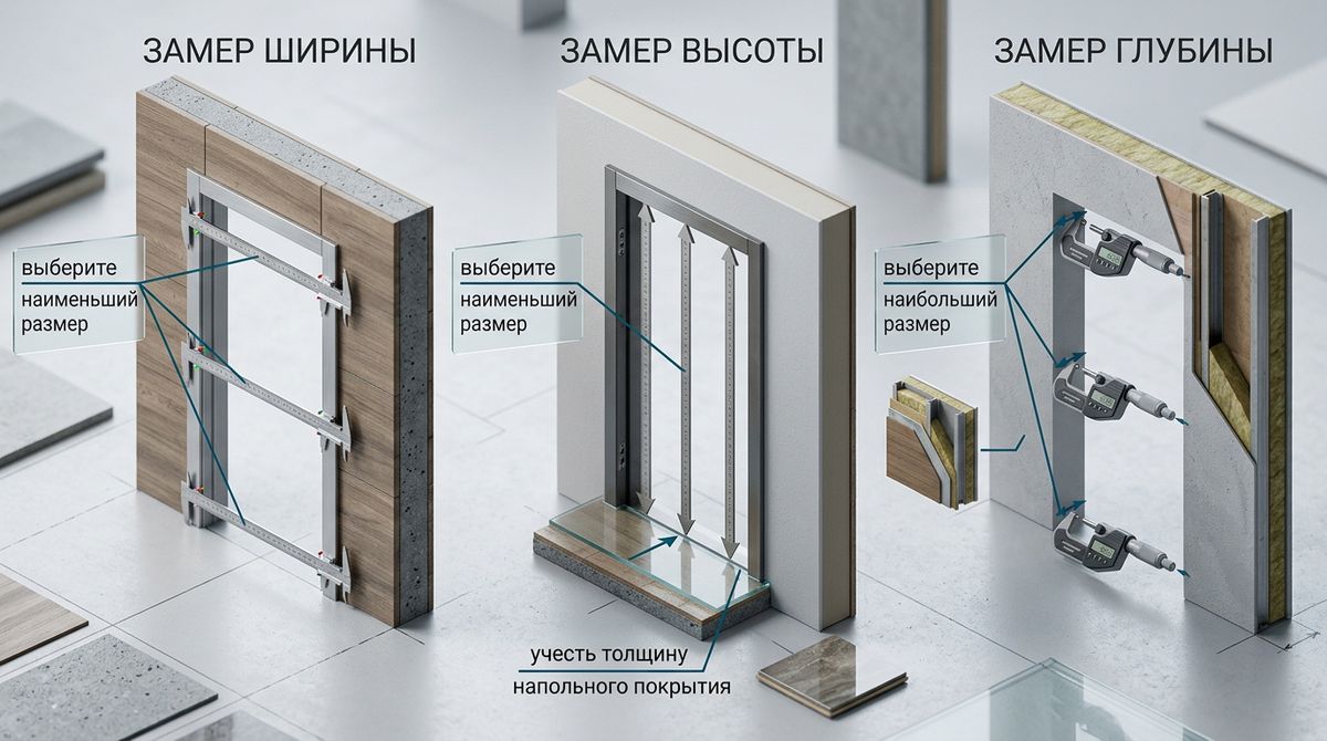 Схема замера ширины, высоты и глубины двери